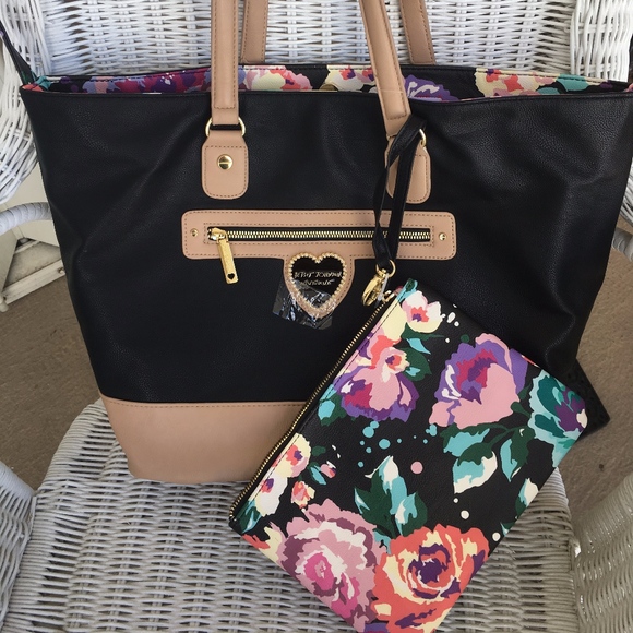 Betsey Johnson Handbags - Betsey Johnson Tan Black Trap Tote w Floral Pouch